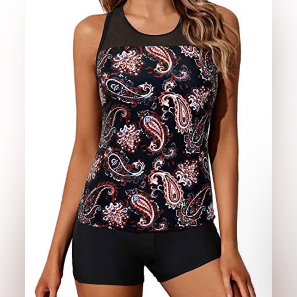 NWT Yonique Athletic Tankini Racerback-Black Tribal Paisley Size Small